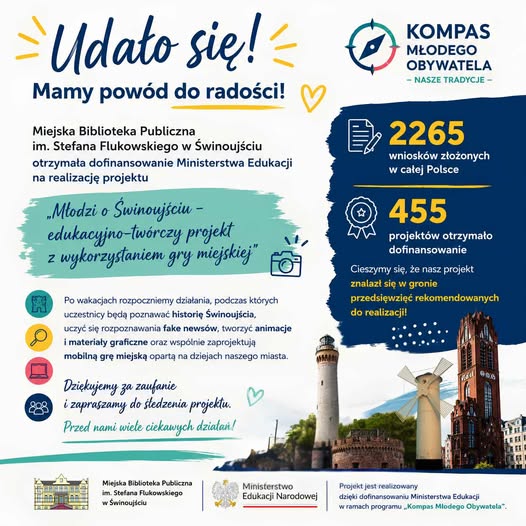 Grafika informująca o otrzymaniu przez Miejską Bibliotekę Publiczną w Świnoujściu dofinansowania Ministra Edukacji na projekt „Młodzi o Świnoujściu – edukacyjno-twórczy projekt z wykorzystaniem gry miejskiej”.